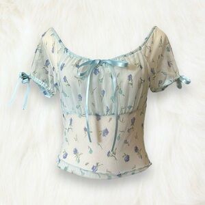 Intimissimi Sheer blue floral milkmaid style mesh top